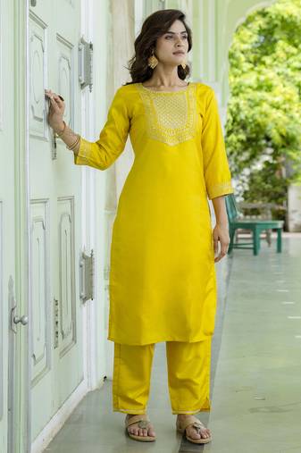 Yellow embroidered cotton silk blend salwar suit