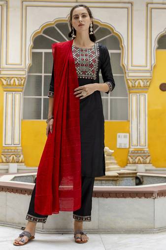 Black embroidered pure silk blend salwar suit