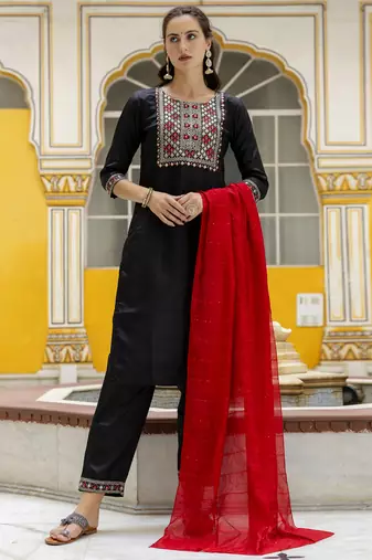Black embroidered pure silk blend salwar suit