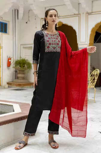 Black embroidered pure silk blend salwar suit