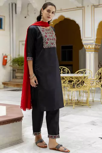 Black embroidered pure silk blend salwar suit
