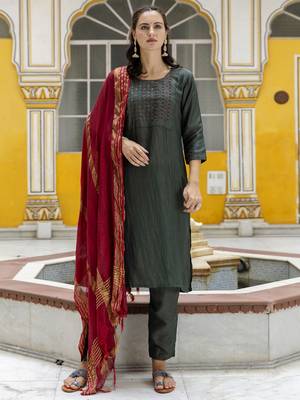 Mehendi embroidered pure silk blend salwar suit 1