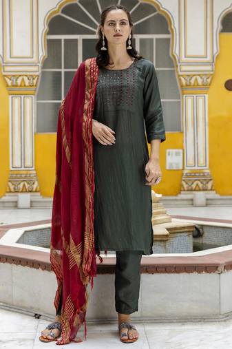 Mehendi embroidered pure silk blend salwar suit
