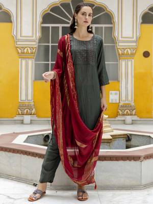 Mehendi embroidered pure silk blend salwar suit 2