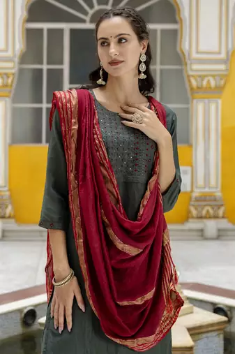 Mehendi embroidered pure silk blend salwar suit