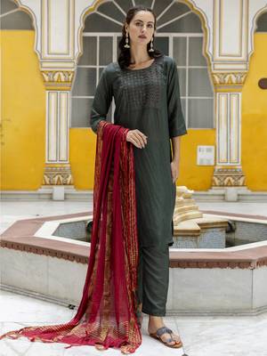 Mehendi embroidered pure silk blend salwar suit 4