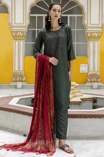 Mehendi embroidered pure silk blend salwar suit