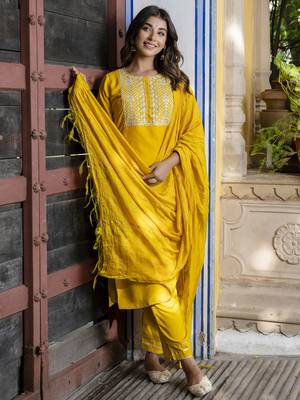 Yellow embroidered chinon silk salwar suit 1