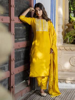 Yellow embroidered chinon silk salwar suit 2