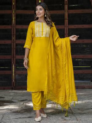 Yellow embroidered chinon silk salwar suit 3