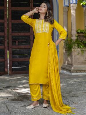 Yellow embroidered chinon silk salwar suit 4