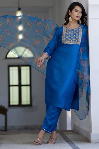 Teal embroidered silk blend salwar suit