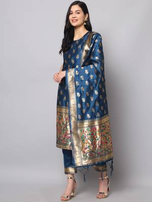 Blue embroidered cotton silk jacquard salwar suit 1