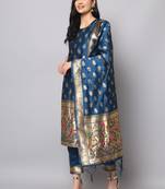 Blue embroidered cotton silk jacquard salwar suit