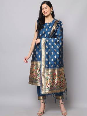 Blue embroidered cotton silk jacquard salwar suit 2