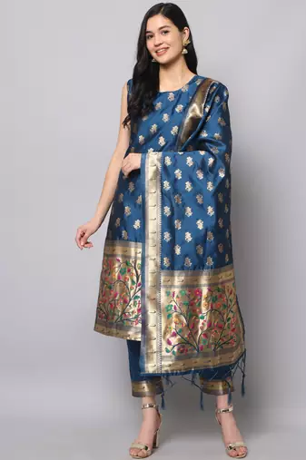 Blue embroidered cotton silk jacquard salwar suit
