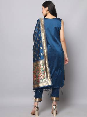Blue embroidered cotton silk jacquard salwar suit 3