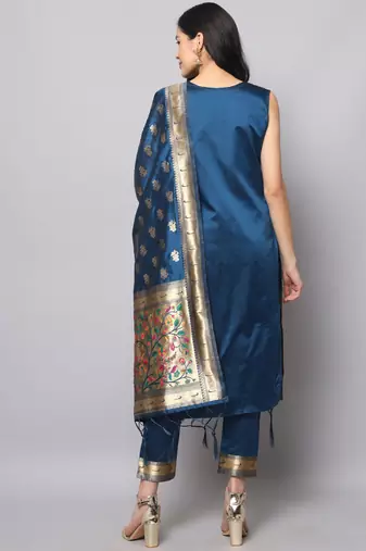 Blue embroidered cotton silk jacquard salwar suit