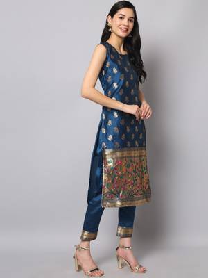 Blue embroidered cotton silk jacquard salwar suit 4