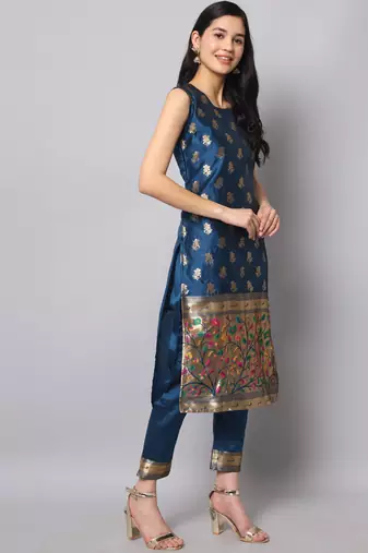 Blue embroidered cotton silk jacquard salwar suit