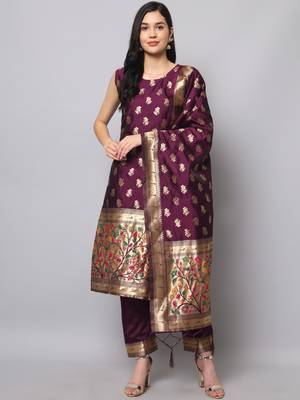Purple embroidered cotton silk jacquard salwar suit 1