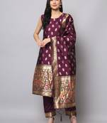 Purple embroidered cotton silk jacquard salwar suit