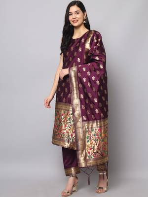 Purple embroidered cotton silk jacquard salwar suit 2