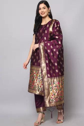 Purple embroidered cotton silk jacquard salwar suit