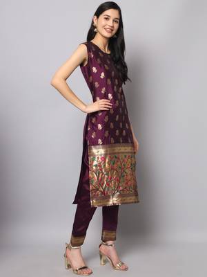Purple embroidered cotton silk jacquard salwar suit 3