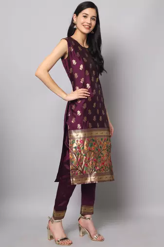 Purple embroidered cotton silk jacquard salwar suit