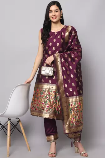 Purple embroidered cotton silk jacquard salwar suit
