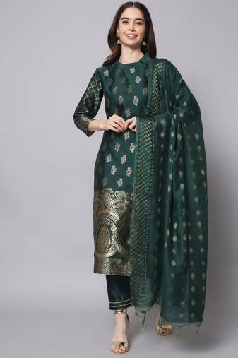 Green embroidered cotton silk jacquard salwar suit