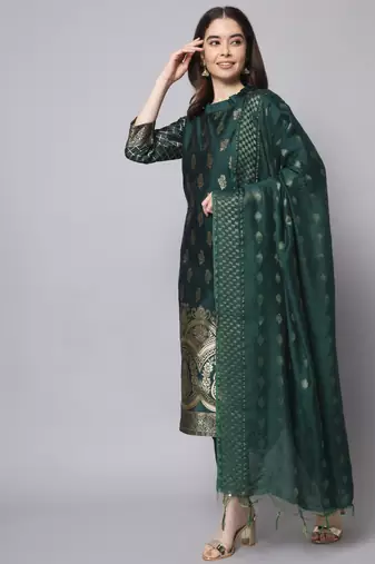 Green embroidered cotton silk jacquard salwar suit