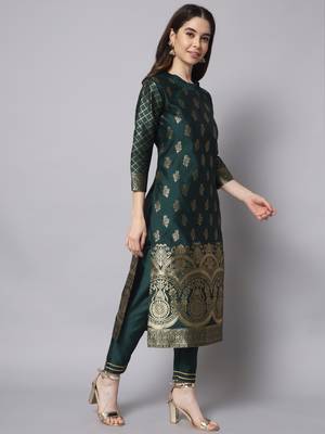 Green embroidered cotton silk jacquard salwar suit 3