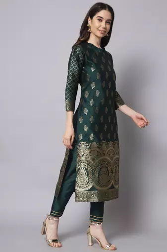 Green embroidered cotton silk jacquard salwar suit
