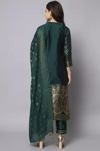 Green embroidered cotton silk jacquard salwar suit