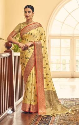 Yellow Color Soft Silk Blend Designer Motif Saree 1