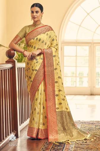 Yellow Color Soft Silk Blend Designer Motif Saree