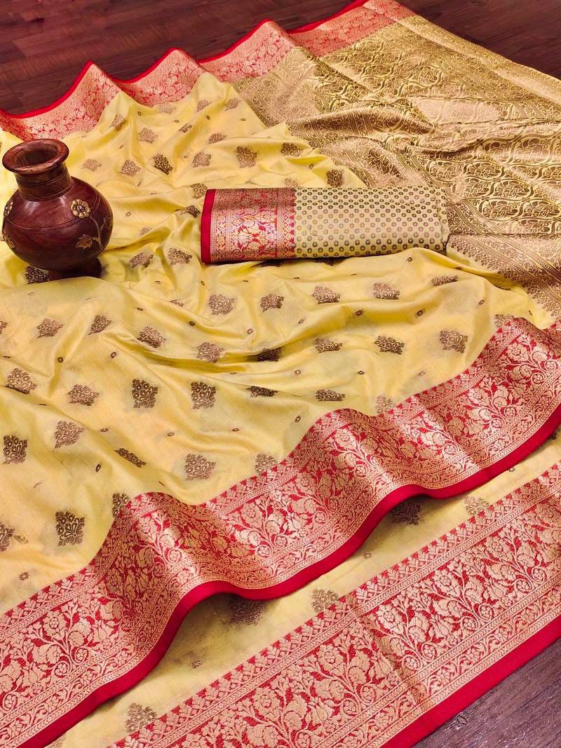 Yellow Color Soft Silk Blend Designer Motif Saree