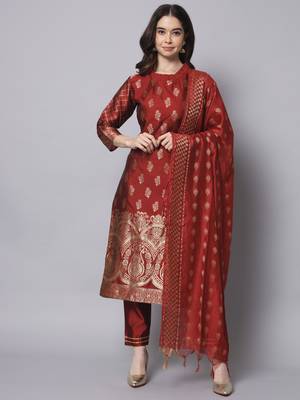 Maroon embroidered cotton silk jacquard salwar suit 1
