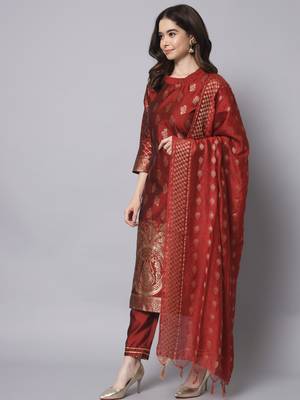 Maroon embroidered cotton silk jacquard salwar suit 3