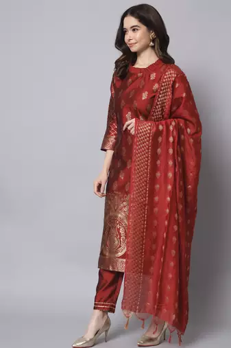 Maroon embroidered cotton silk jacquard salwar suit