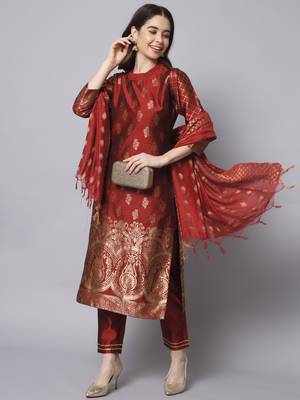Maroon embroidered cotton silk jacquard salwar suit 4