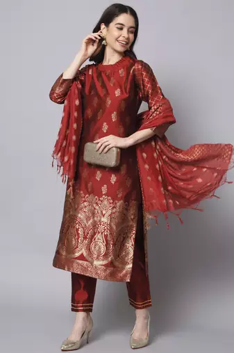 Maroon embroidered cotton silk jacquard salwar suit