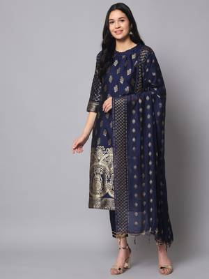 Blue embroidered cotton silk jacquard salwar suit 1