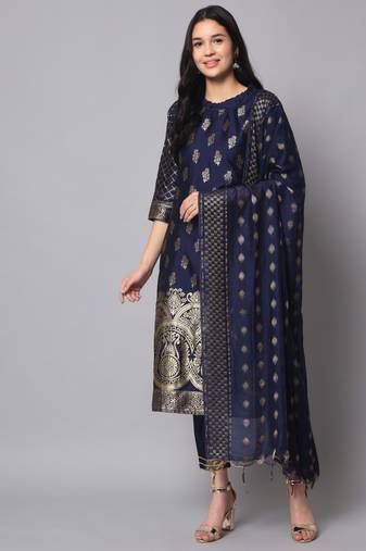 Blue embroidered cotton silk jacquard salwar suit