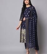 Blue embroidered cotton silk jacquard salwar suit