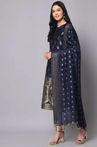 Blue embroidered cotton silk jacquard salwar suit