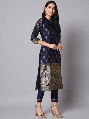 Blue embroidered cotton silk jacquard salwar suit 3