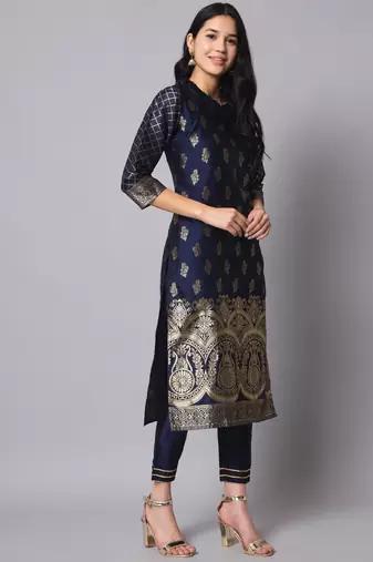 Blue embroidered cotton silk jacquard salwar suit